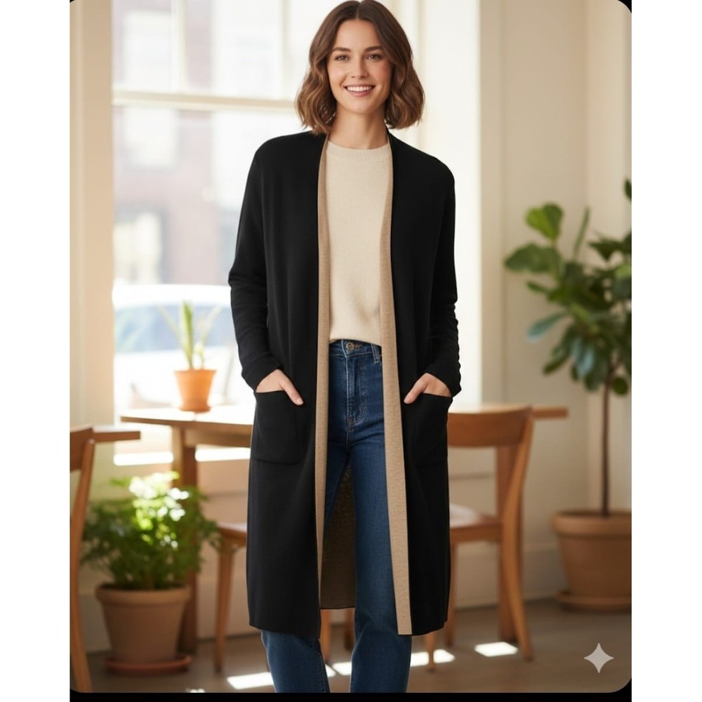 J.Jill Open Front Cardigan XS Black Tan Long Duster Sweater‎ Minimalist Academia
